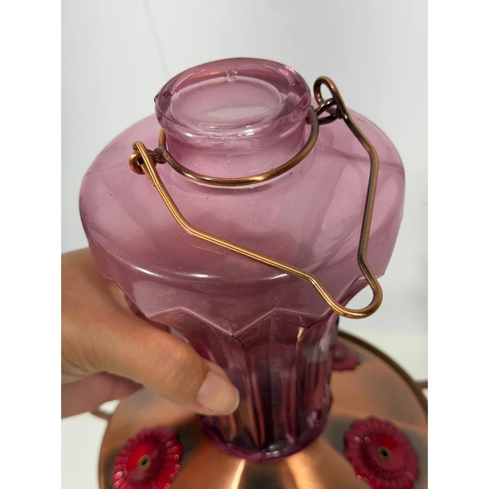 Vintage Style Amethyst Purple Glass Hummingbird Feeder Copper Metal Base 8.5